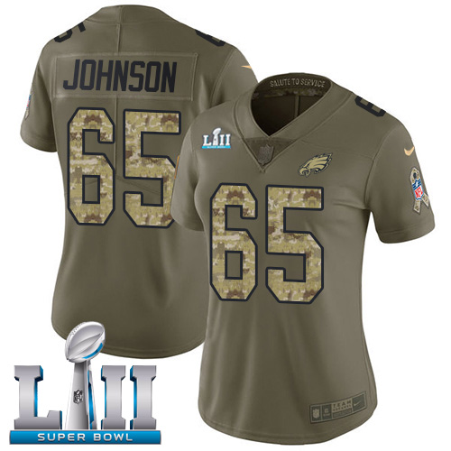 Women's Nike Philadelphia Eagles #65 Lane Johnson Olive Camo Super Bowl LII Stitched NFL Limited 2017 Salute to Service Jersey