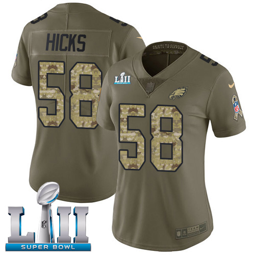 Women's Nike Philadelphia Eagles #58 Jordan Hicks Olive Camo Super Bowl LII Stitched NFL Limited 2017 Salute to Service Jersey