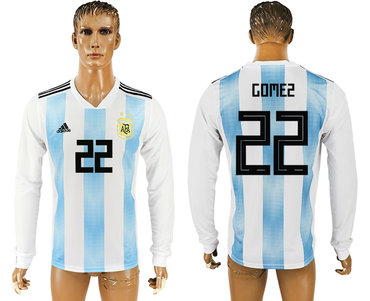 Argentina #22 GOMEZ Home 2018 FIFA World Cup Long Sleeve Thailand Soccer Jersey