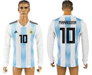 Argentina #10 MARADONA Home 2018 FIFA World Cup Long Sleeve Thailand Soccer Jersey