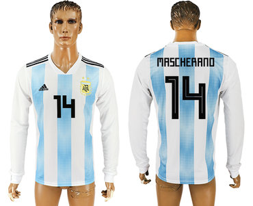 Argentina #14 MASCHERANO Home 2018 FIFA World Cup Long Sleeve Thailand Soccer Jersey