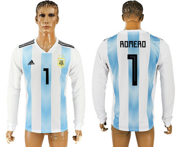 Argentina #1 ROMERO Home 2018 FIFA World Cup Long Sleeve Thailand Soccer Jersey