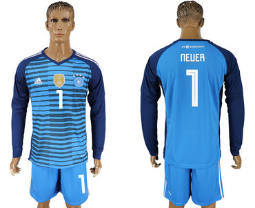 Germany #1 NEUER Lake Blue Goalkeeper 2018 FIFA World Cup Long Sleeve Soccer Jersey