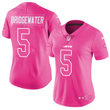 Nike New York Jets #5 Teddy Bridgewater Pink Women's Stitched NFL Limited Rush Fashion Jersey