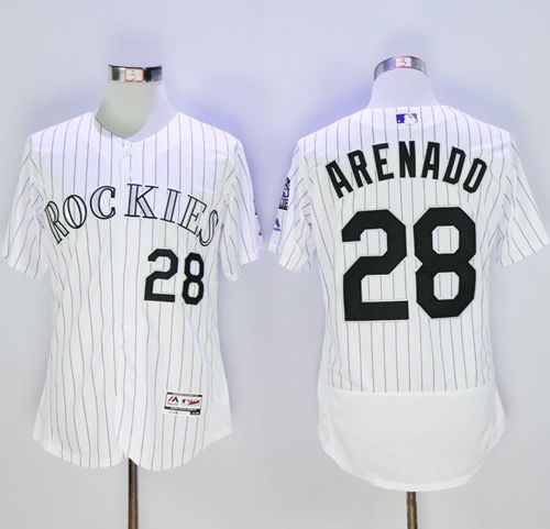 Men's Colorado Rockies #28 Nolan Arenado White Strip Flexbase Authentic Collection Stitched MLB Jersey