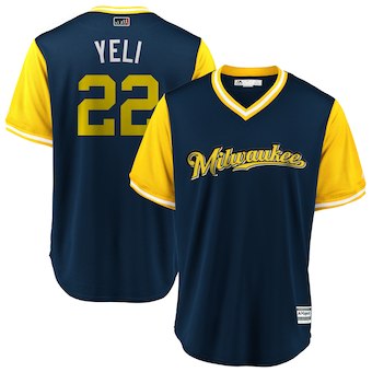 Men's Milwaukee Brewers 22 Christian Yelich Yeli Majestic Navy 2018 Players' Weekend Cool Base Jersey