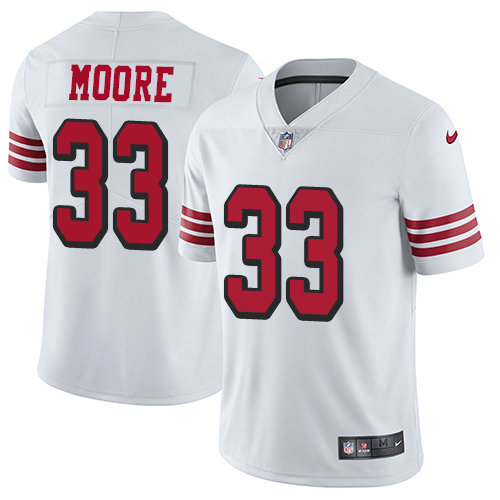 Youth Nike 49ers 33 Tarvarius Moore White Rush Stitched NFL Vapor Untouchable Limited Jersey