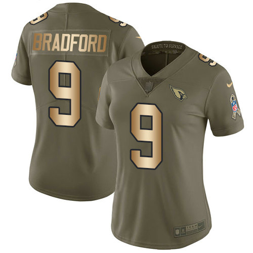 Women Nike Cardinals #9 Sam Bradford Olive Gold Stitched NFL Limited 2017 Salute to Service Jersey