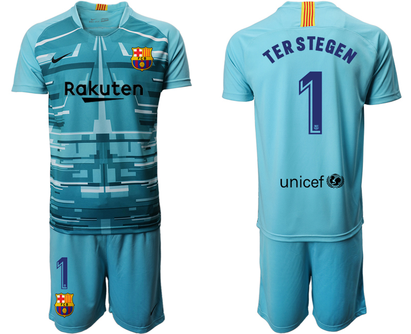 2019-20 Barcelona 1 TER STEGEN Lake Blue Goalkeeper Soccer Jersey