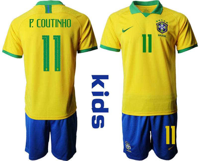 2019-20-Brazil-11-P.-COUTINHO-Youth-Home-Soccer-Jersey