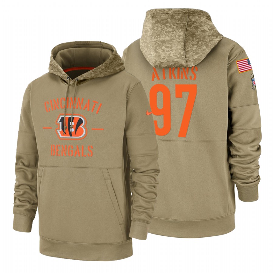 Cincinnati Bengals #97 Geno Atkins Nike Tan 2019 Salute To Service Name & Number Sideline Therma Pullover Hoodie