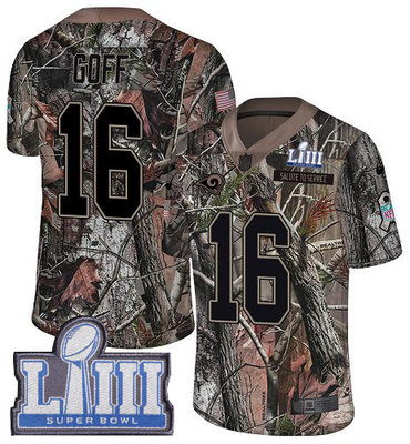 #16 Limited Jared Goff Camo Nike NFL Men's Jersey Los Angeles Rams Rush Realtree Super Bowl LIII Bound