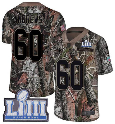 #60 Limited David Andrews Camo Nike NFL Youth Jersey New England Patriots Rush Realtree Super Bowl LIII Bound