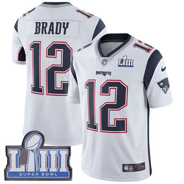 Youth New England Patriots #12 Tom Brady White Nike NFL Road Vapor Untouchable Super Bowl LIII Bound Limited Jersey