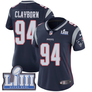 #94 Limited Adrian Clayborn Navy Blue Nike NFL Home Women's Jersey New England Patriots Vapor Untouchable Super Bowl LIII Bound