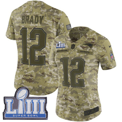 #12 Limited Tom Brady Camo Nike NFL Women's Jersey New England Patriots 2018 Salute to Service Super Bowl LIII Bound