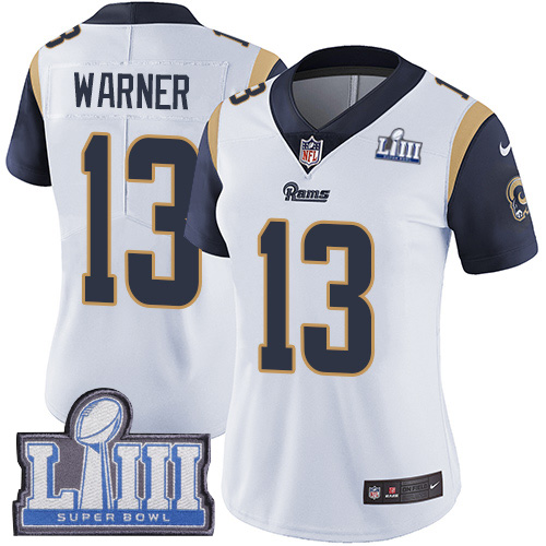 Women's Los Angeles Rams #13 Kurt Warner White Nike NFL Road Vapor Untouchable Super Bowl LIII Bound Limited Jersey