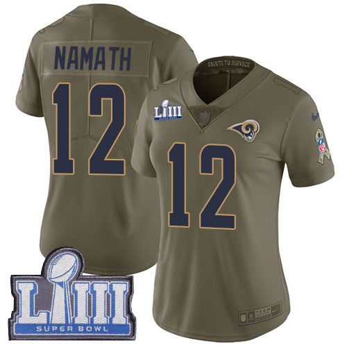 #12 Limited Joe Namath Olive Nike NFL Women's Jersey Los Angeles Rams 2017 Salute to Service Super Bowl LIII Bound