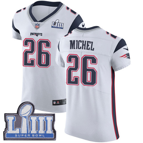 #26 Elite Sony Michel White Nike NFL Road Men's Jersey New England Patriots Vapor Untouchable Super Bowl LIII Bound