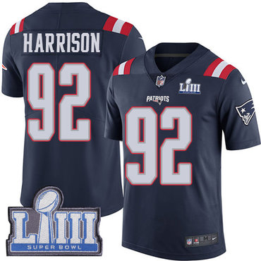 #92 Limited James Harrison Navy Blue Nike NFL Men's Jersey New England Patriots Rush Vapor Untouchable Super Bowl LIII Bound