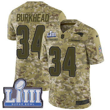 #34 Limited Rex Burkhead Camo Nike NFL Men's Jersey New England Patriots 2018 Salute to Service Super Bowl LIII Bound