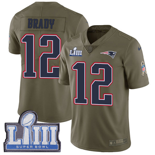 #12 Limited Tom Brady Olive Nike NFL Men's Jersey New England Patriots 2017 Salute to Service Super Bowl LIII Bound