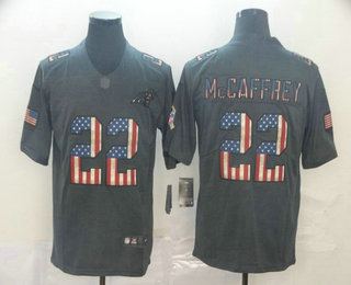 Men's Carolina Panthers #22 Christian McCaffrey 2019 Black Salute To Service USA Flag Fashion Limited Jersey