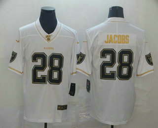 Men's Oakland Raiders #28 Josh Jacobs White 100th Season Golden Edition Jersey