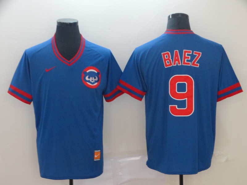 Men's Chicago Cubs 9 Javier Baez Blue Throwback Jersey