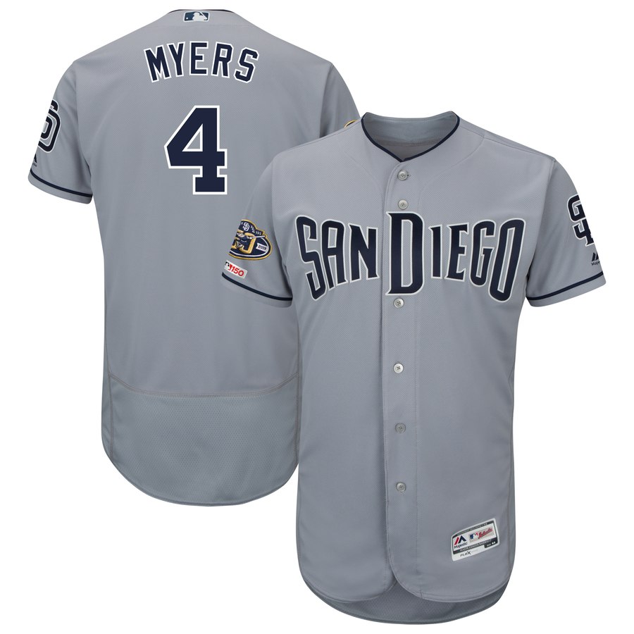 Men's San Diego Padres 4 Wil Meyers Gray 50th Anniversary and 150th Patch FlexBase Jersey