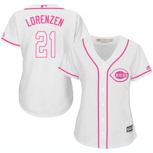 Reds #21 Michael Lorenzen White Pink Fashion Women's Stitched Baseball Jersey