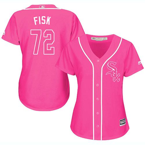 White Sox #72 Carlton Fisk Pink Fashion Women's Stitched Baseball Jersey