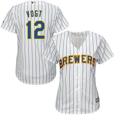 Brewers #12 Stephen Vogt White Strip Home Women's Stitched Baseball Jersey