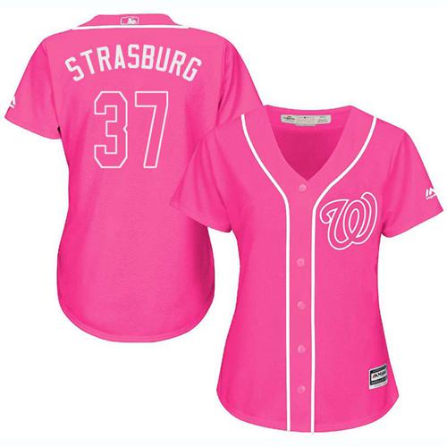 Nationals #37 Stephen Strasburg Pink Fashion Women's Stitched Baseball Jersey