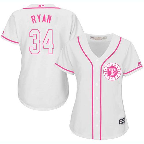 Rangers #34 Nolan Ryan White Pink Fashion Women's Stitched Baseball Jersey