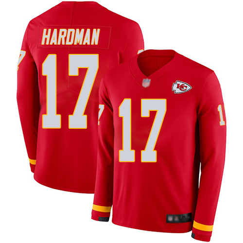 Chiefs #17 Mecole Hardman Red Team Color Men's Stitched Football Limited Therma Long Sleeve Jersey