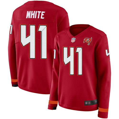 Buccaneers #41 Devin White Red Team Color Women's Stitched Football Limited Therma Long Sleeve Jersey