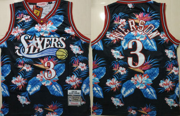 76ers 3 Allen Iverson Black 1997-98 Hardwood Classics Floral Fashion Swingman Jersey