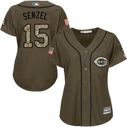 Cincinnati Reds #15 Nick Senzel Women's Replica Majestic Salute to Service Green Jersey