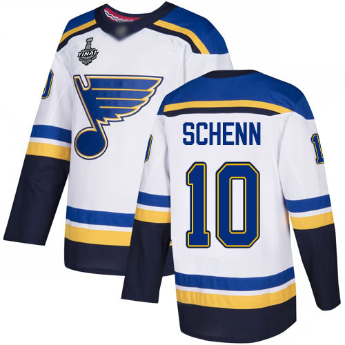 Men's St. Louis Blues #10 Brayden Schenn White Road Authentic 2019 Stanley Cup Final Bound Stitched Hockey Jersey