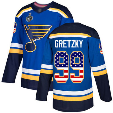 Men's St. Louis Blues #99 Wayne Gretzky Blue Home Authentic USA Flag 2019 Stanley Cup Final Bound Stitched Hockey Jersey