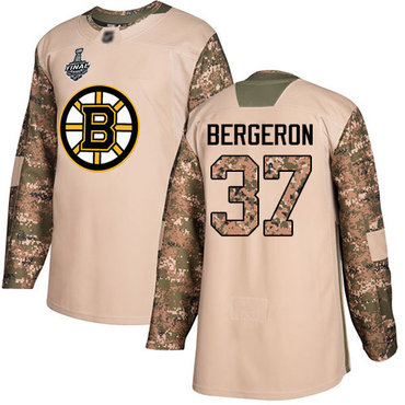 Men's Boston Bruins #37 Patrice Bergeron Camo Authentic 2017 Veterans Day 2019 Stanley Cup Final Bound Stitched Hockey Jersey