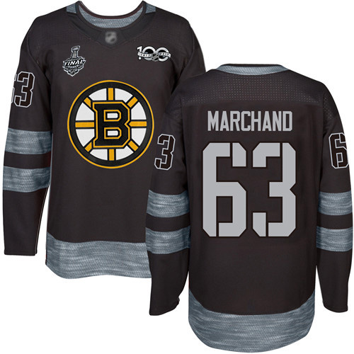 Men's Boston Bruins #63 Brad Marchand Black 1917-2017 100th Anniversary 2019 Stanley Cup Final Bound Stitched Hockey Jersey