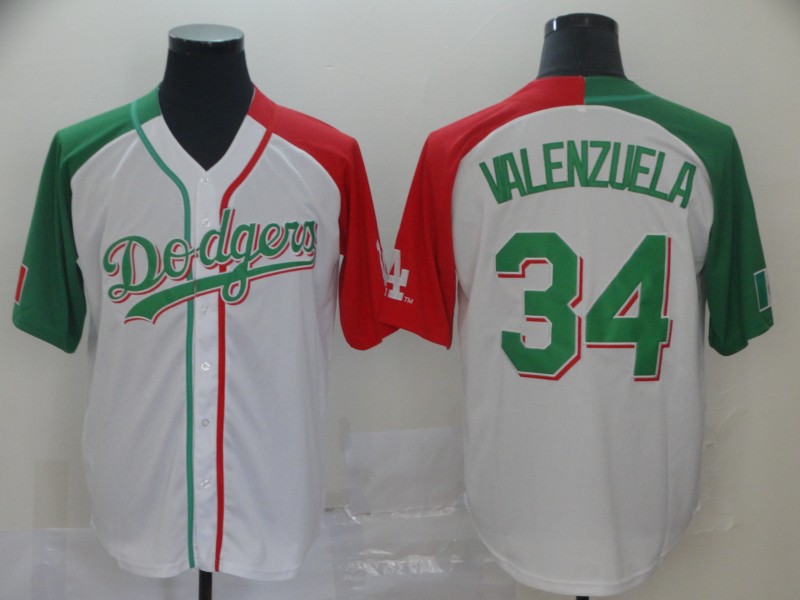 Dodgers #34 Fernando Valenzuela White Red Green Split Cool Base Stitched Baseball Jersey