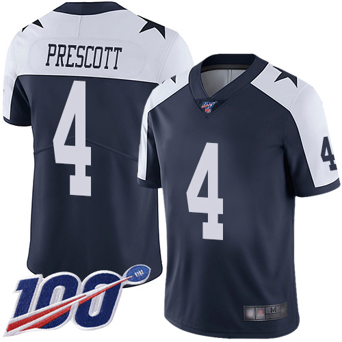 Cowboys #4 Dak Prescott Navy Blue Thanksgiving Men's Stitched Football 100th Season Vapor Throwback Limited Jersey