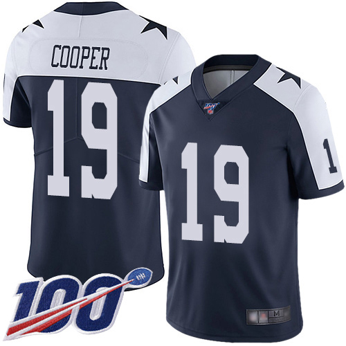 Cowboys #19 Amari Cooper Navy Blue Thanksgiving Men's Stitched Football 100th Season Vapor Throwback Limited Jersey