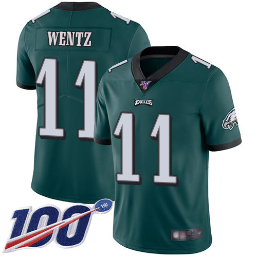 Eagles #11 Carson Wentz Midnight Green Team Color Men's Stitched Football 100th Season Vapor Limited Jersey