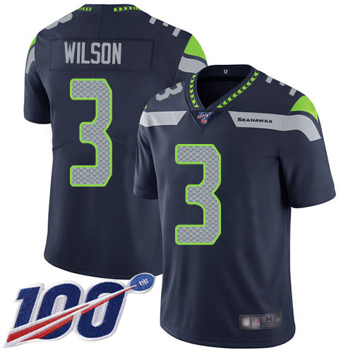 Seahawks #3 Russell Wilson Steel Blue Team Color Men's Stitched Football 100th Season Vapor Limited Jersey