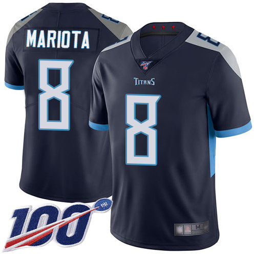 Titans #8 Marcus Mariota Navy Blue Team Color Men's Stitched Football 100th Season Vapor Limited Jersey