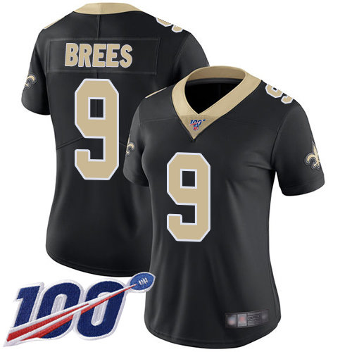 Nike Saints #9 Drew Brees Black Team Color Women's Stitched NFL 100th Season Vapor Limited Jersey